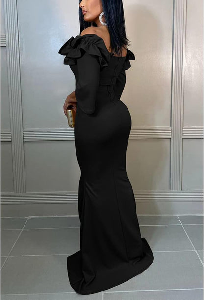 Women'S Sexy Long Sleeve Ruched Dress Velvet V Neck Cocktail Party Evening Club Maxi Dress Black