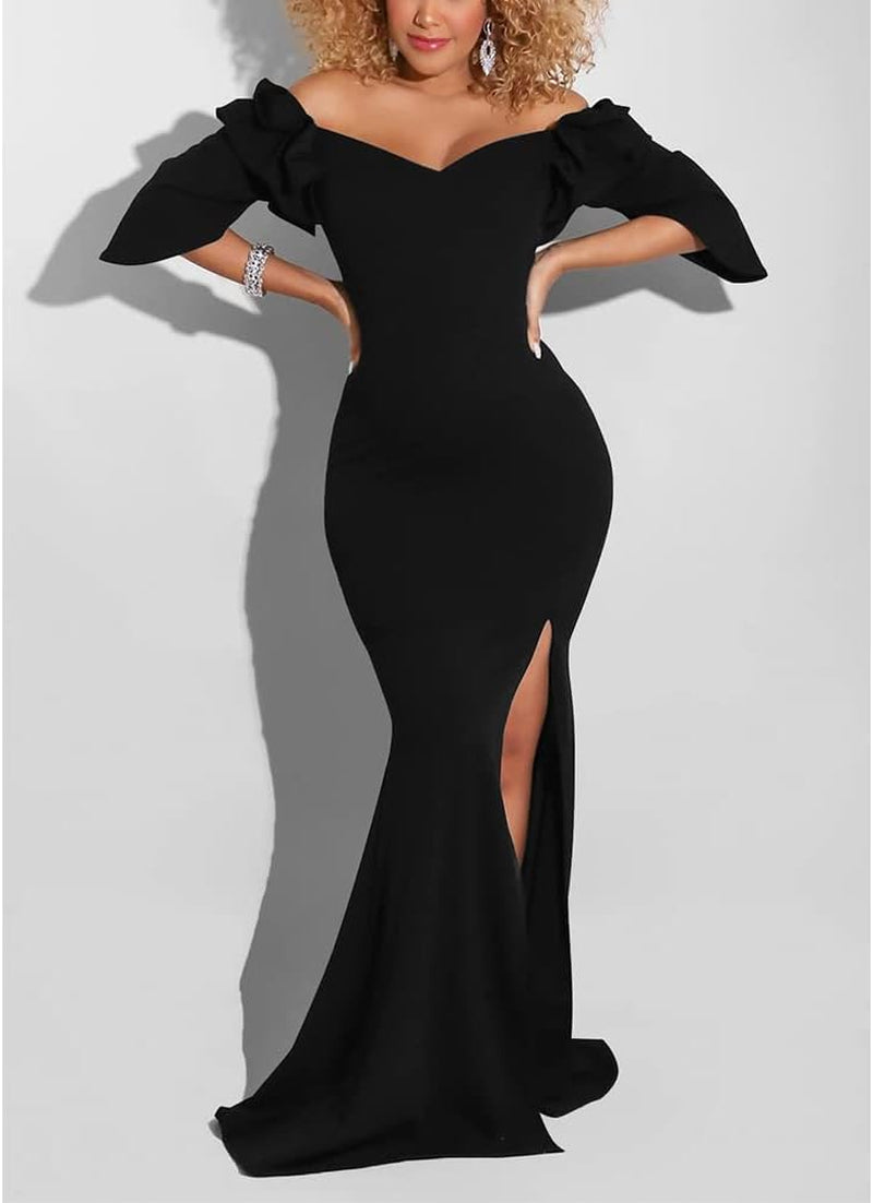 Women'S Sexy Long Sleeve Ruched Dress Velvet V Neck Cocktail Party Evening Club Maxi Dress Black