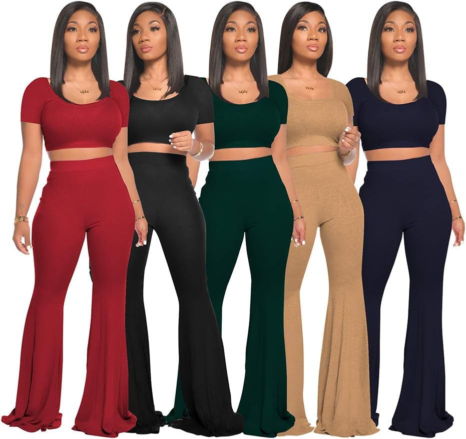 2 Piece Outfits for Women Workout Sets - Sexy Crop Top + High Waisted Flared Long Pant Sets Track Suits Yoga Sports