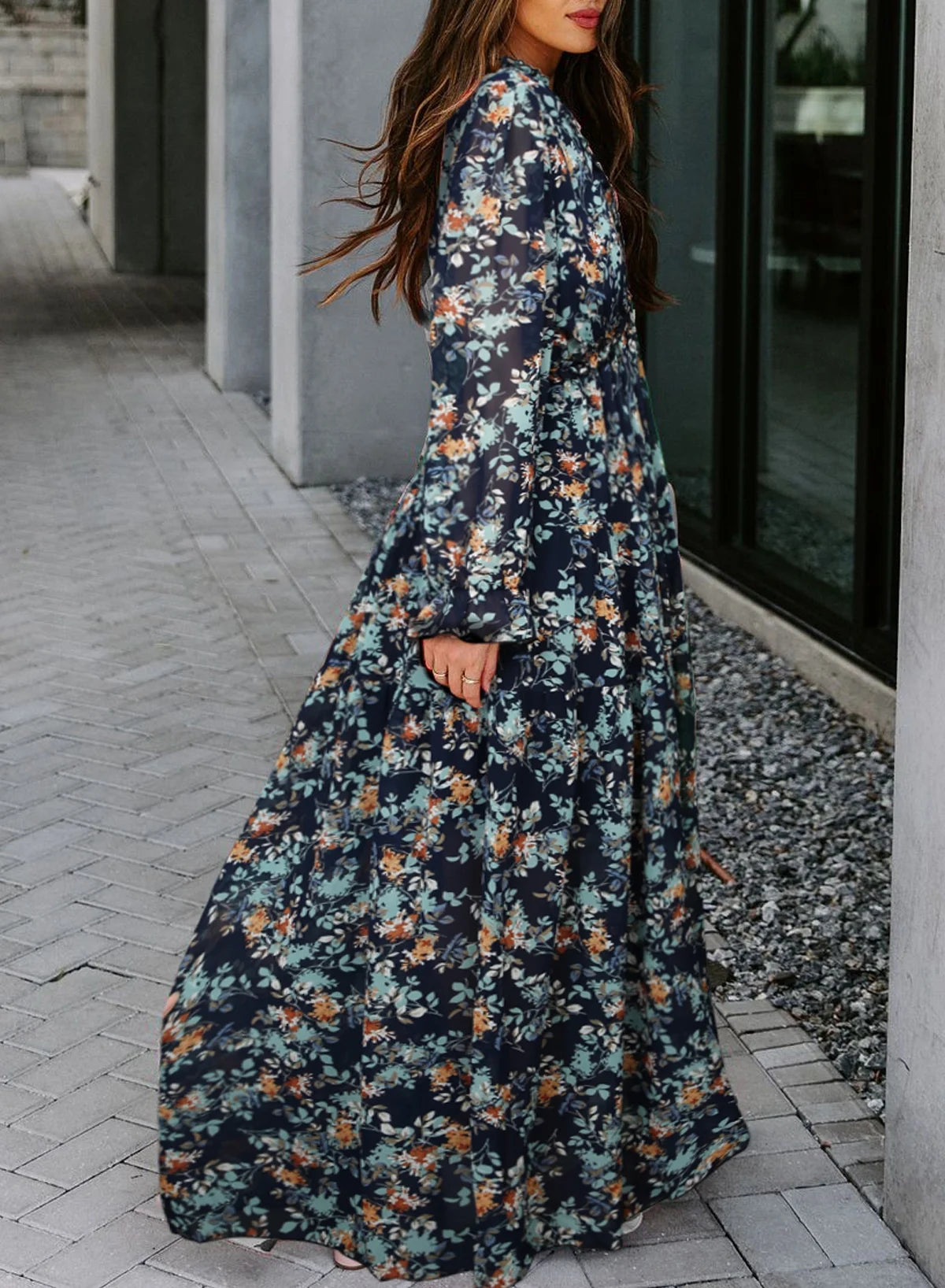 Blue Floral Print Maxi Dress for Women Fall Chiffon Deep V Neck Long Sleeves Ruffle Hem Party Dresses Fashion Elastic Cuffs Boho Dresses for Holiday Vacation, US 4-6(S)