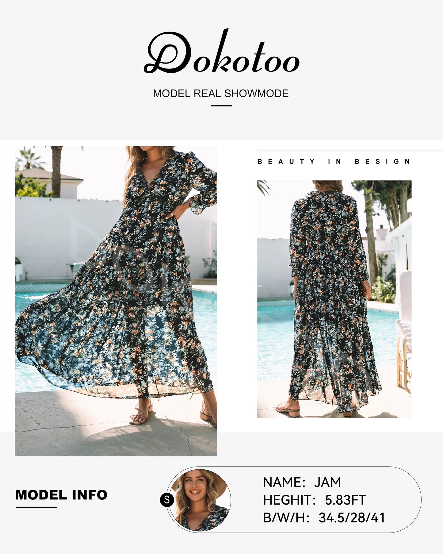 Blue Floral Print Maxi Dress for Women Fall Chiffon Deep V Neck Long Sleeves Ruffle Hem Party Dresses Fashion Elastic Cuffs Boho Dresses for Holiday Vacation, US 4-6(S)