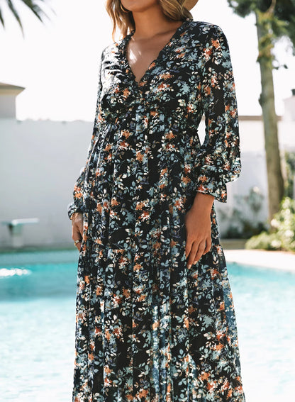 Blue Floral Print Maxi Dress for Women Fall Chiffon Deep V Neck Long Sleeves Ruffle Hem Party Dresses Fashion Elastic Cuffs Boho Dresses for Holiday Vacation, US 4-6(S)